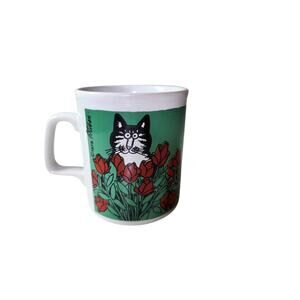 KILN CRAFT Green White Black Cat Roses Made in England Coffee Mug